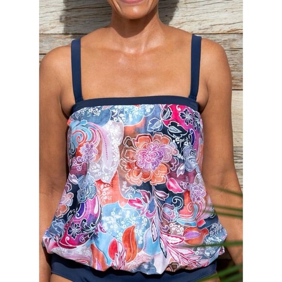 Maxine of Hollywood Bandeau Blouson Tankini Swimsuit Top Whirlwind Paisley 22W - Picture 1 of 15